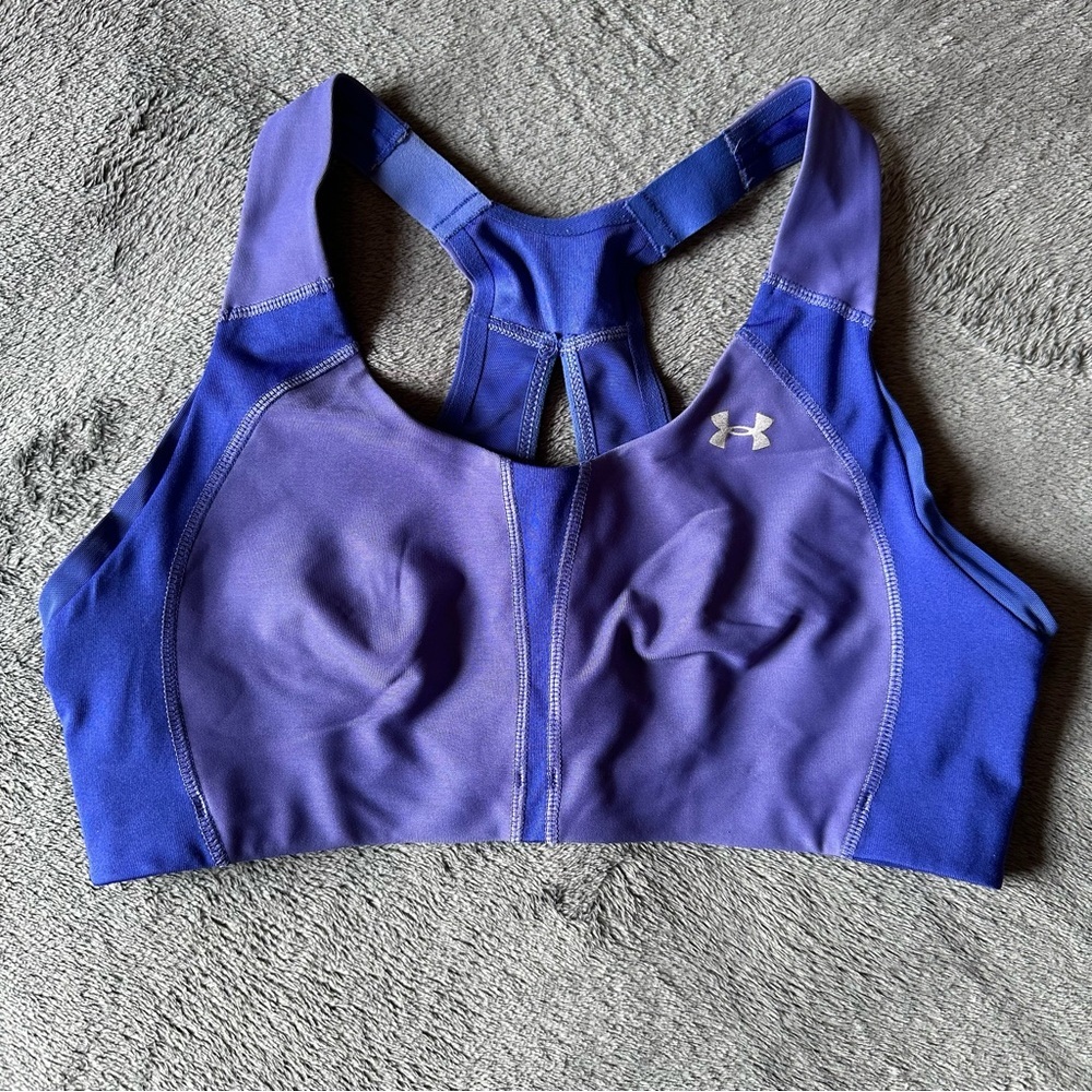 Under Armour Purple/Blue Heat Gear Racerback Hookโ & Eye Sports Bra Sz 34C EUC